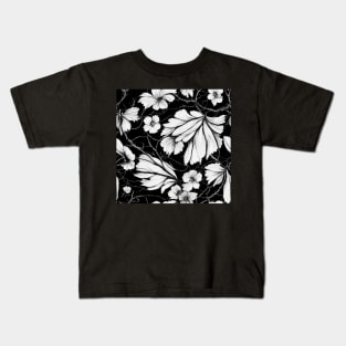 Black and White Vintage Floral Cottagecore Romantic Flower Peony Rose Leaf Design Kids T-Shirt